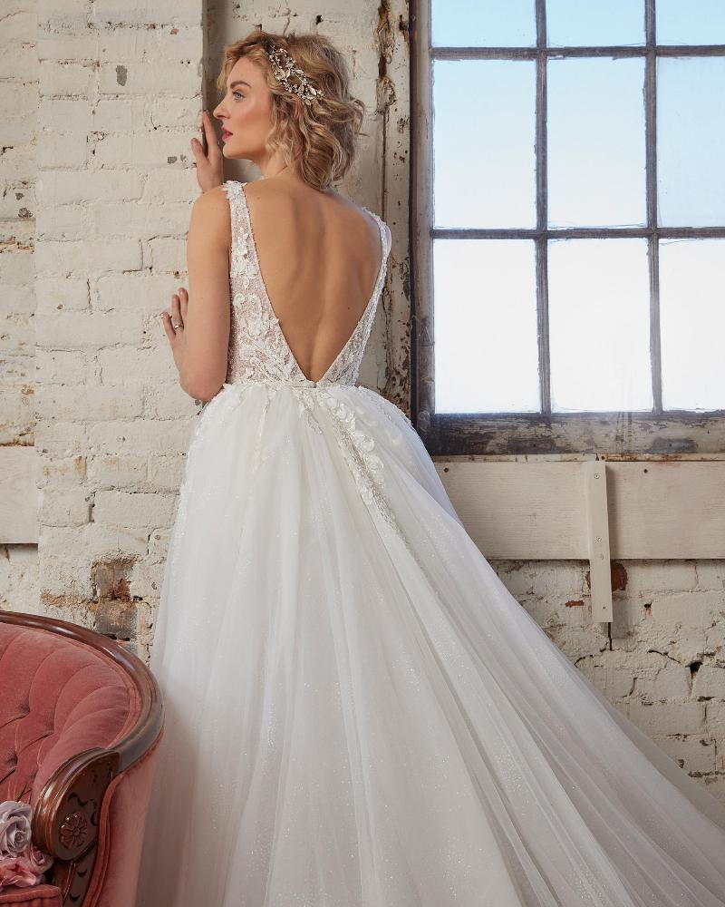 123244 fitted sparkly wedding dress with overskirt and tank straps5